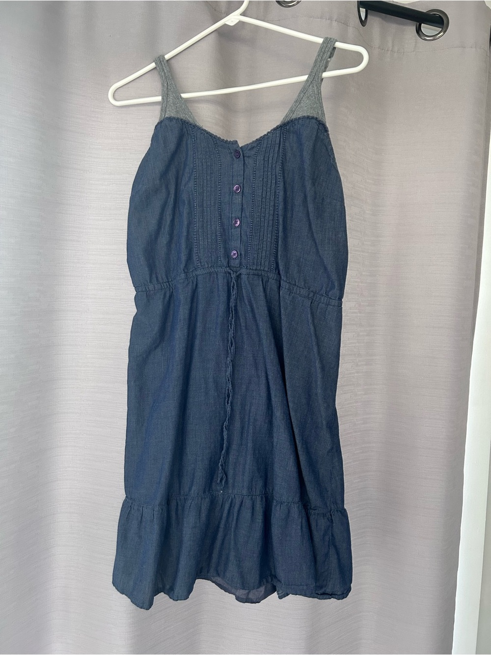 Blue denim look light fabric, lined sundress customized with straps